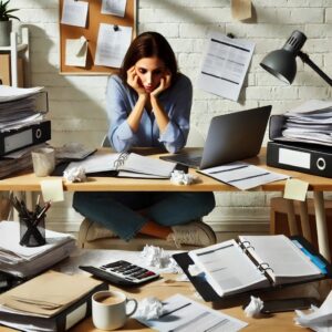 An overwhelmed woman sitting at a desk with a long to-do list, struggling to balance work and self-care."