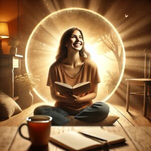 A woman journaling with a cup of tea, reflecting on her wellness journey to find balance in life.