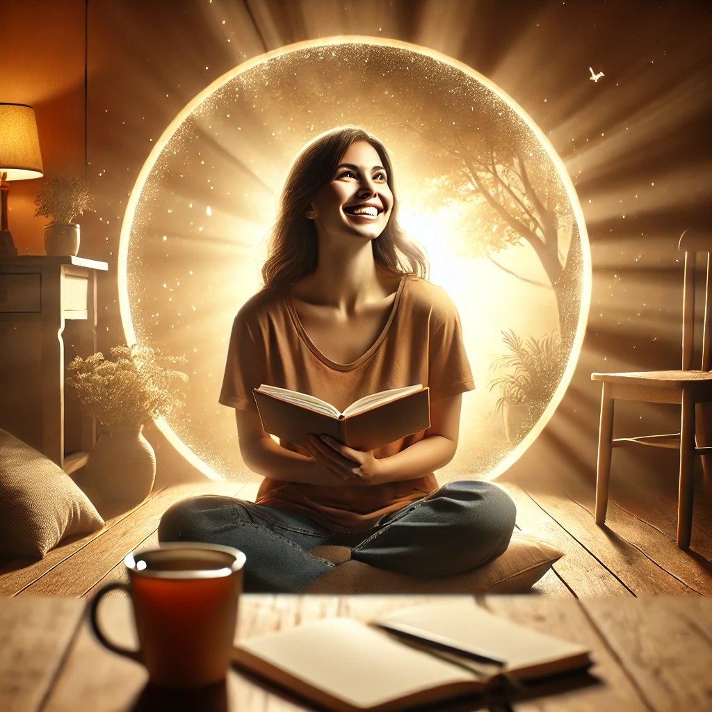 A woman journaling with a cup of tea, reflecting on her wellness journey to find balance in life."