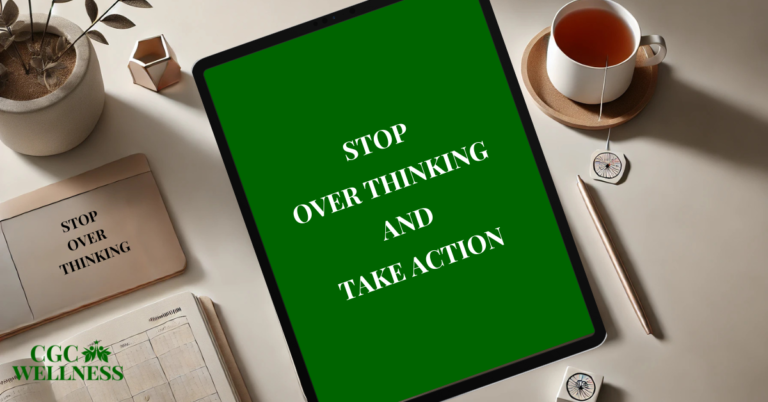 A digital workspace setup featuring a tablet with the text 'Stop Overthinking and Take Action' in bold white letters on a green background. A journal, a cup of tea, and a pen are placed around it, creating a calm and focused environment.