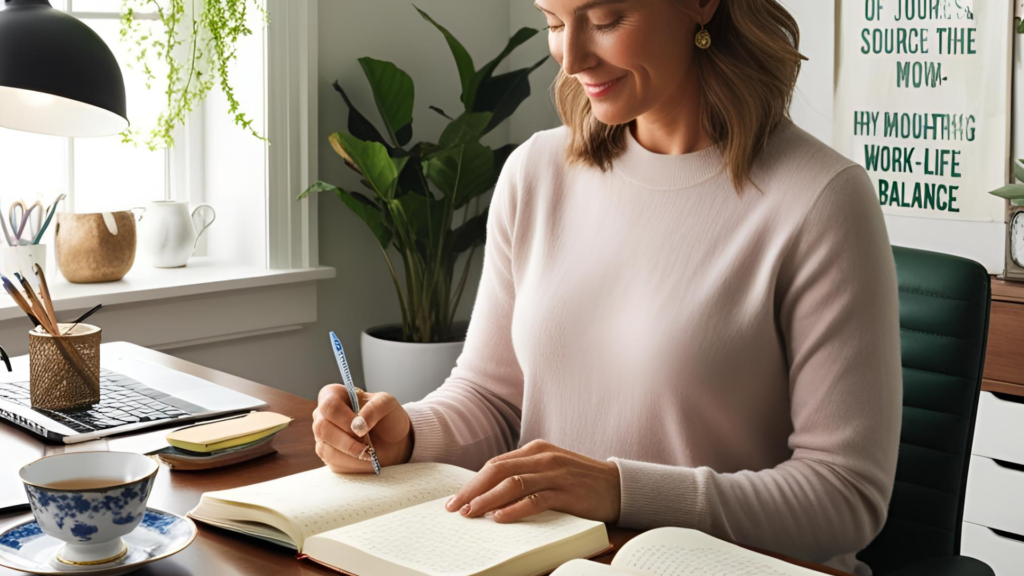 A woman journaling in a peaceful home office, representing mindful self-reflection and work-life balance