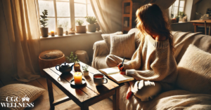 Woman journaling in a cozy sunlit room, creating calm through simple routines and balance.