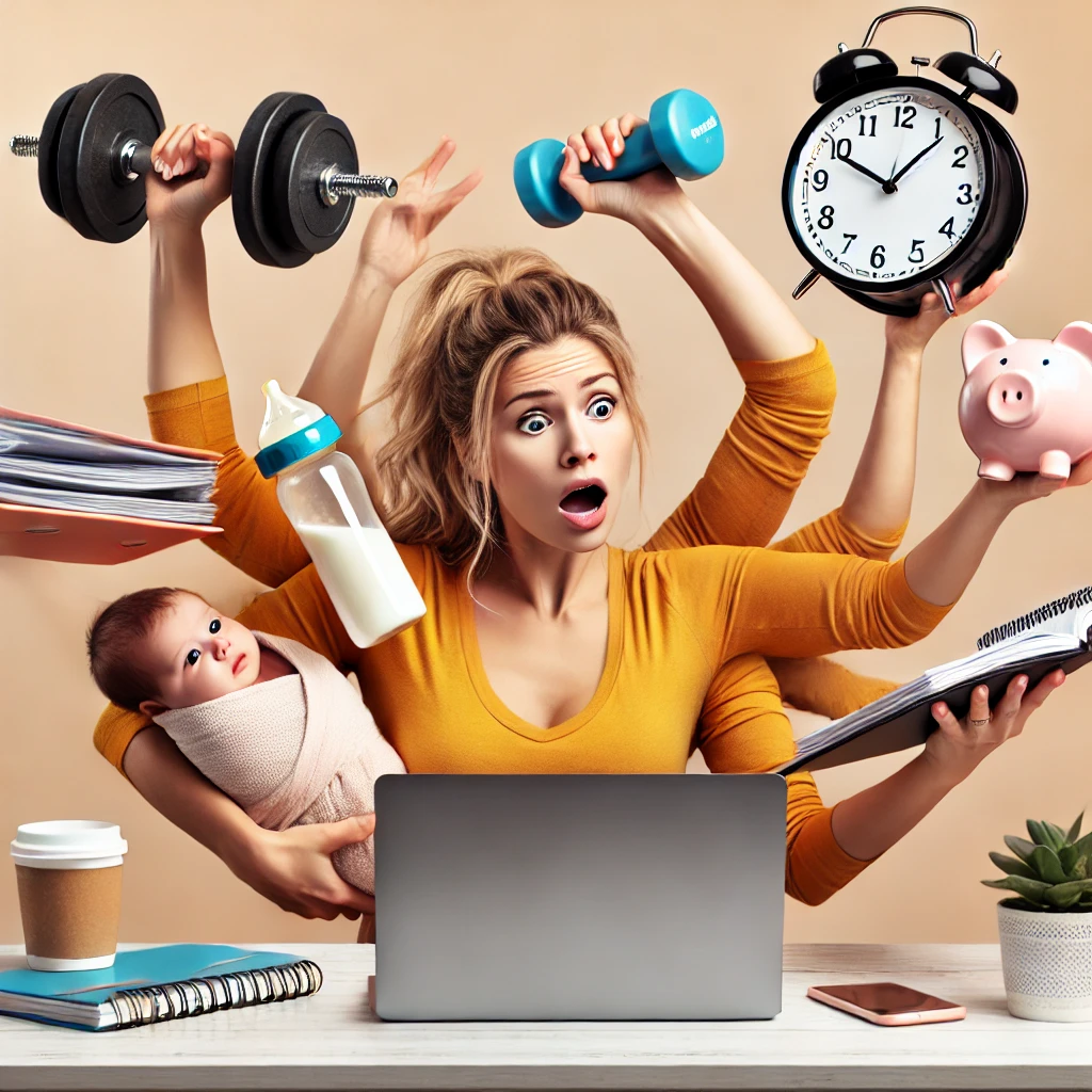 A woman trying to juggle multiple items at once, including a laptop, a baby bottle, a planner, a dumbbell, and a coffee cup. She looks overwhelmed, symbolizing the struggle of trying to balance everything in life at once.