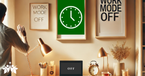 A home office setup with warm lighting, a desk, and framed prints reading 'Work Mode Off.' A person is turning away from their workspace, symbolizing the importance of setting clear boundaries between work and personal life.