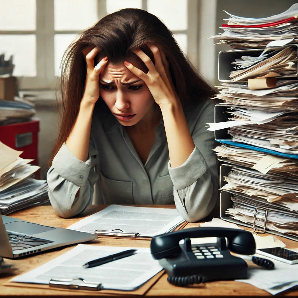 A stressed woman struggling with work-life balance, overwhelmed by tasks at her desk