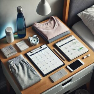  A neatly organized bedside table with a water bottle, a planner with reminders, and workout clothes laid out, symbolizing a simple and structured daily routine.