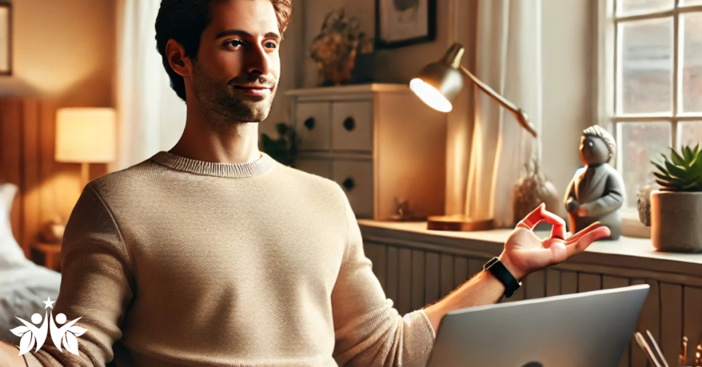 A calm, focused person practicing mindfulness at their workspace, sitting in a relaxed posture with a peaceful expression, symbolizing a balanced and stress-free work environment.