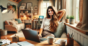 A relaxed woman with long hair working remotely in a cozy, well-lit home office, balancing work and life with ease