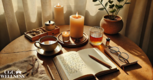 Morning journaling setup with candlelight and tea, representing slow living and mindful habits.