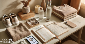 Minimalist productivity setup with a habit tracker journal, workout clothes, water bottles, and a podcast on a phone — representing simple systems for balance.