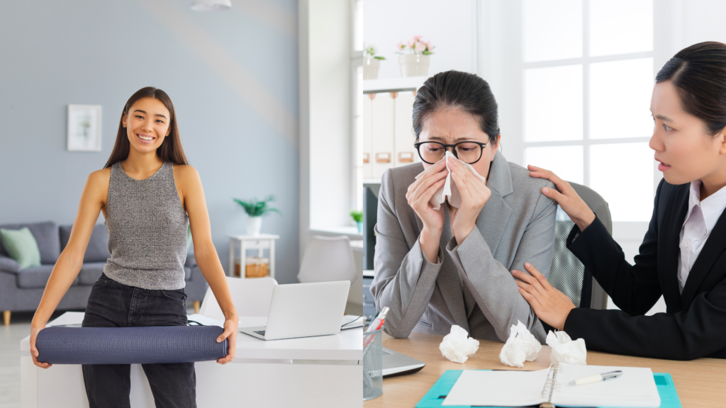 A professional balancing work and health, highlighting the importance of physical well-being in work-life balance.