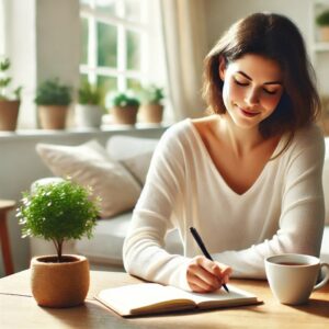 A woman smiling as she writes in her planner, realizing that true balance is about prioritizing what matters most.