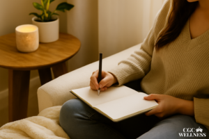 Woman journaling quietly in a cozy living room with soft light, candle, and plant, reflecting on a moment of inner clarity