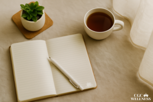 Flat lay of a peaceful desk with an open journal, white pen, tea cup, and small plant in soft natural light