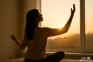 Woman meditating by a window at sunrise, bathed in golden light, embodying peace and balance