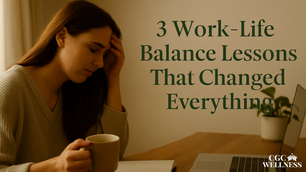 Woman at her desk holding a mug with eyes closed in reflection, with blog title overlay: 3 Work-Life Balance Lessons That Changed Everything