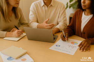 Three researchers reviewing charts and discussing work-life balance data in a warm, collaborative office setting