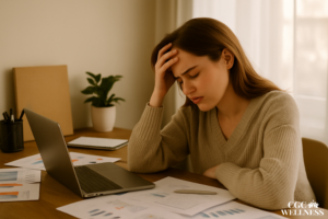 A young woman in casual clothes sits with her head in her hands at a table cluttered with a laptop, notebooks, and a cup—visibly overwhelmed by her schedule.