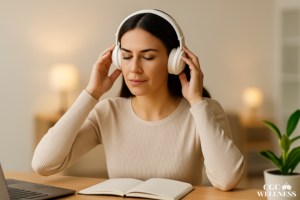 Woman relaxing with headphones and a journal – prioritizing energy and mental clarity