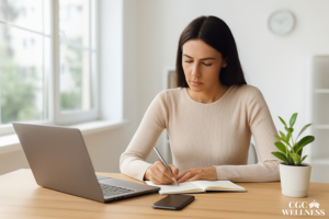 One habit at a time – woman journaling her thoughts in a calm morning setting