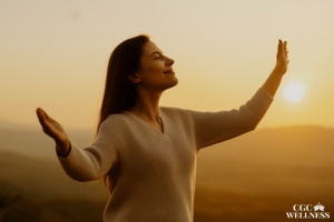 Celebrating balance – woman smiling and embracing calm at sunset