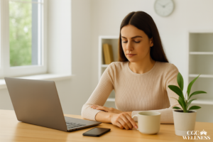 A young woman with light skin and long dark hair, sitting peacefully with eyes closed in a calm home environment.