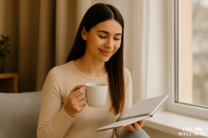 A young woman with long straight hair sitting comfortably near a window with natural light, holding a cup of tea and reviewing her flexible daily schedule with a gentle smile.