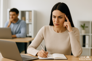 Young woman journaling at her desk, taking a mindful pause before action.