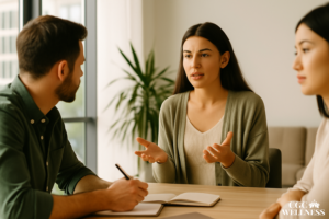 Three people talking and smiling in a relaxed workspace – overcoming fear through connection and shared support.