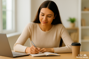 Woman writing in notebook with a peaceful expression, taking the first step toward action.