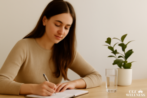 Young woman smiling gently while journaling, embracing small wins over perfection.