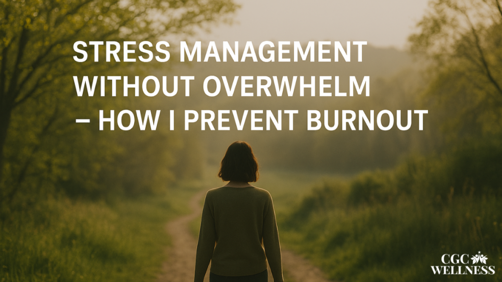 Woman walking alone on a peaceful nature path in soft sunlight, symbolizing stress management without overwhelm and finding balance.