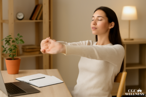Woman resting on couch during daytime with eyes closed, showing peaceful energy and calm.