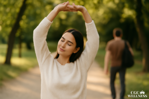 Young woman pausing to stretch and reset during a busy day outdoor.