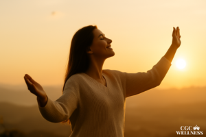 Young woman with open arms smiling peacefully at sunset, symbolizing freedom and balance after burnout