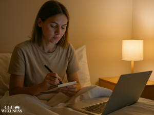 Woman journaling in bed at night with a soft bedside lamp, creating a calming bedtime routine to reduce stress and reflect on the day. CGC Wellness logo in corner.