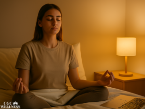 Woman practicing bedtime meditation in a softly lit room, sitting cross-legged on bed with laptop nearby. A peaceful moment promoting mindfulness and stress relief. CGC Wellness logo in corner.