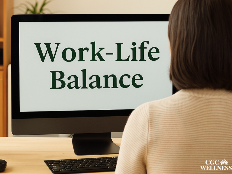 A woman sitting at a clean, sunlit desk, viewing a computer screen that displays the words “Work-Life Balance.” The calm, minimalist setting symbolizes intentional living, rest, and reclaiming personal time without guilt.