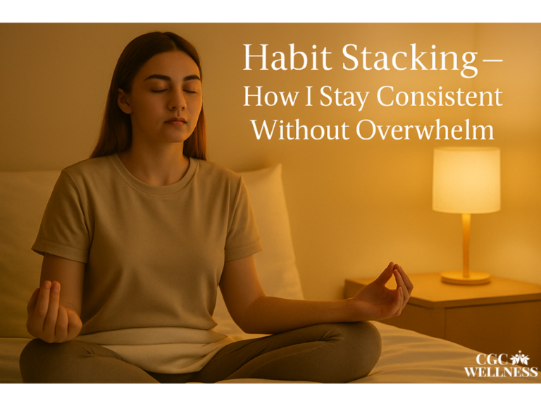 A young woman practicing meditation on her bed in the morning as part of her habit stacking routine, with warm lighting and a calm atmosphere.