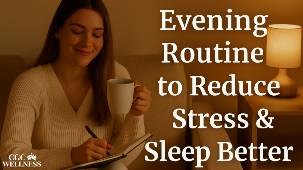 Evening routine for stress relief – woman smiling softly with warm lighting, symbolizing calm and rest