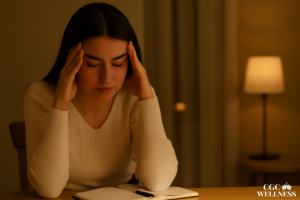 Young woman journaling and relaxing with soft lighting as part of her evening shutdown ritual