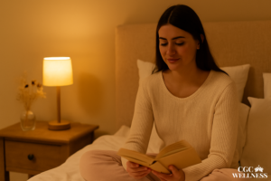 Evening self-care – woman with light skin journaling peacefully in soft lighting