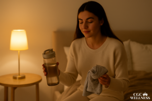 Woman with calm expression relaxing before bed as part of evening wind-down routine